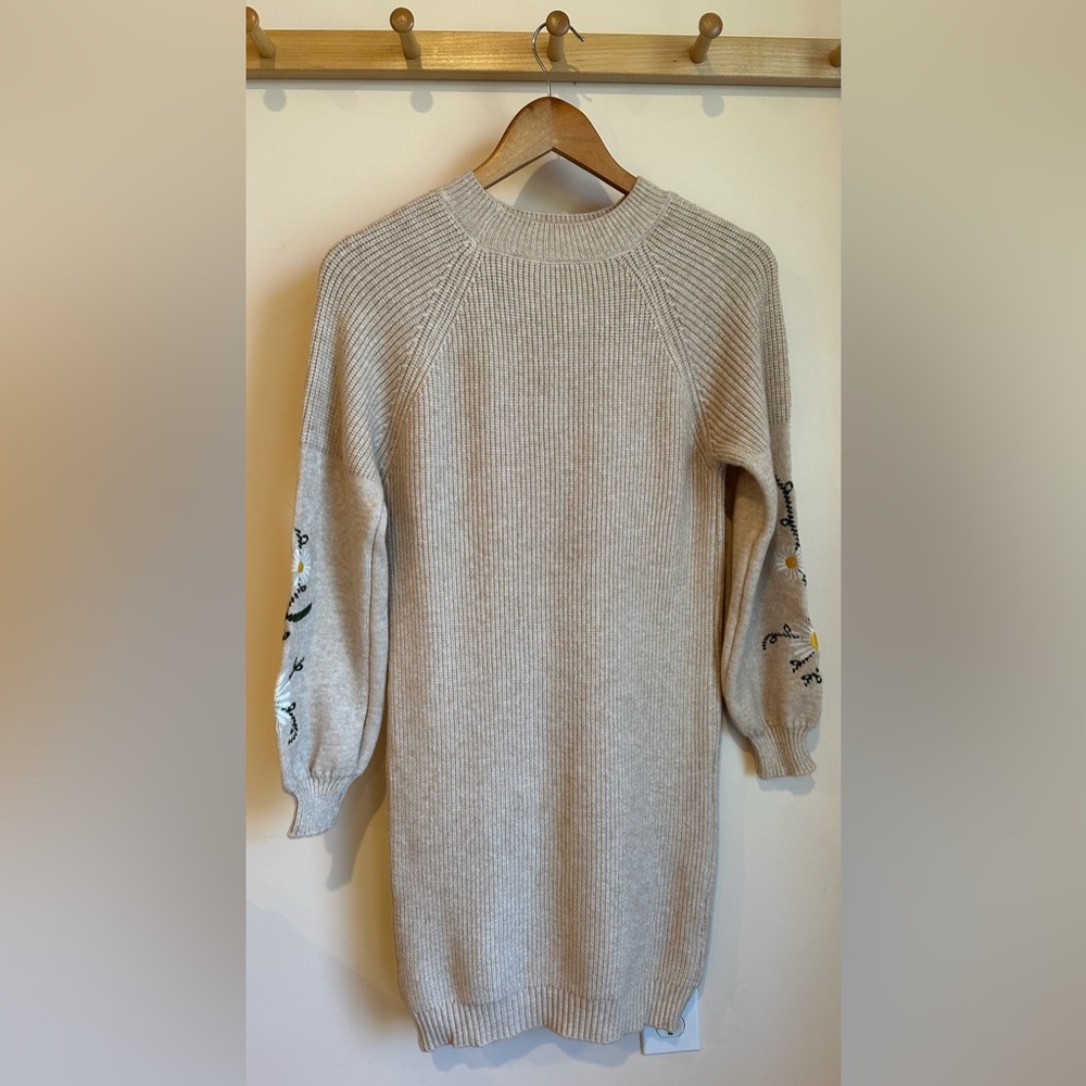 Cream Mockneck Sweater Dress with Ribbed Texture and Relaxed Fit
